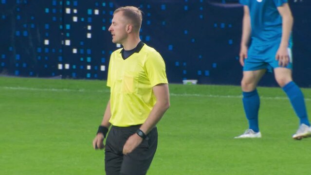 Soccer Football Match Championship: Blue Team Players Attacks, Attacker Scores a Goal bur Referee Whistles Offside and Does not count the Goal. Sport Broadcast Channel Television Playback