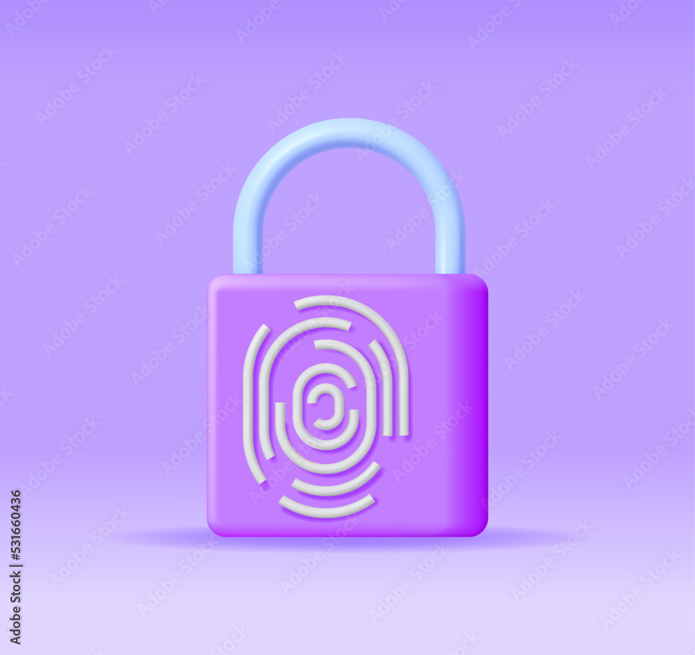 Poster 3d fingerprint on padlock isolated. render pad lock with finger print icon. identification and autho