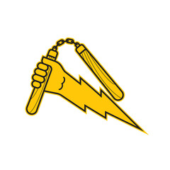 Vector yellow symbol of a hand holding a nunchaku. Lightning. Isolated on white background.