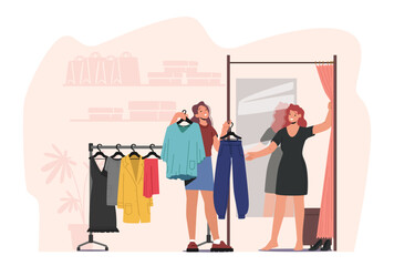 Young Woman Choose Fashioned Dress in Store, Sales Woman Assistant Offer Garment of New Collection Standing near Hanger