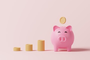 Piggy bank with stacking coins on pink background. Money savings, retirement, investment concept. 3d rendering