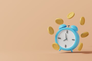 Cartoon alarm clock with money coins on background. In concept of time is the most valuable. 3d rendering