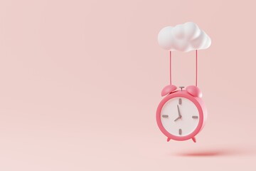 Minimal alarm clock hanging from cloud on pink background. Time management is important concept. 3d rendering - obrazy, fototapety, plakaty