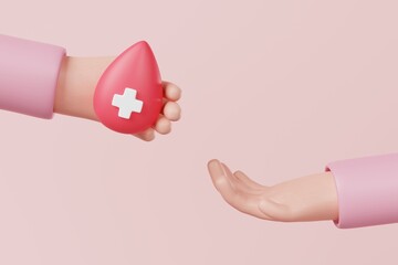 Hand holding blood icon on pink background. Blood donation, medical health care, volunteer concept. 3d rendering