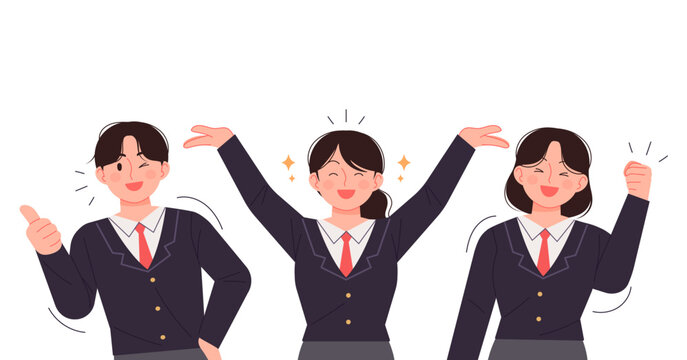 High school students in school uniforms posing cheering. SAT, high school concept person vector illustration.