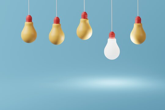 One Light Bulb Glowing Hanging Down Among The Others. Stand Out From The Crowd, Leadership Concept. 3d Rendering