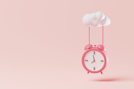 Minimal alarm clock hanging from cloud on pink background. Time management is important concept. 3d rendering