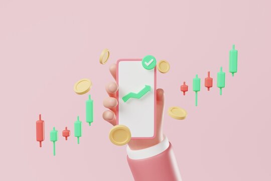 Hand holding smartphone with candlestick coins on and increasing arrow on pink background. Crypto or stock investment concept. 3d rendering