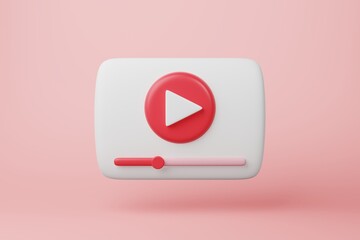 Minimal red video multimedia play button icon on pink background. Audio, movie, media player interface start symbol, sign round circle shape. Digital streaming technology design concept. 3d rendering