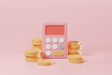 Minimal style math financial calculator with stacking coins on pink background. Business investment budget balance, income tax, economy analysis, money savings, accounting work concept. 3d rendering - obrazy, fototapety, plakaty