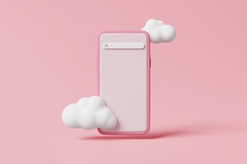 Minimal style blank screen mobile phone with magnifier internet searching bar and cloud on pink background. Cloud server data system, web browser, information research with phone concept. 3d rendering