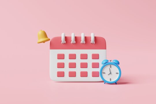 Minimal monthly calendar with blue clock and alarm bell notification icon on pink background. Business appointment, meeting schedule agenda planning. daily job, event reminder concept. 3d rendering