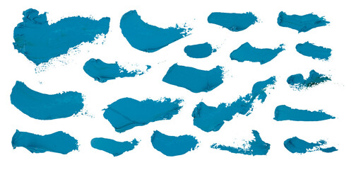 Oil art brush painted textured stripes set isolated on white background, Set of high detail palette knife masks blue strokes