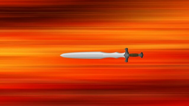 Rotation of throwing swords. The concept of travel in the Middle Ages. Sharp melee weapon with fast movement on a red background. Animation.