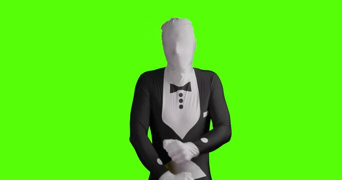 Static shot of a business morphsuit dancing and having fun against green background for cutout