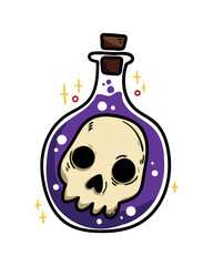 Vector hand-drawn illustration. Cartoon color clipart - a skull in a flask with poison.