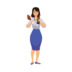 Smiling woman in business clothes holding bottle of beer and meat flat style
