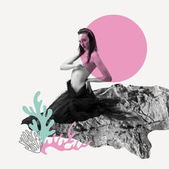 Flirt, desire. Contemporary art collage, modern design. Beautiful sensual woman, fairy-tail mermaid over light abstract background. Creativity, fashion, surrealism