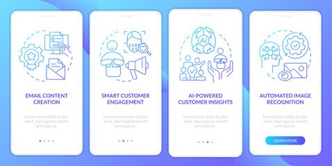 AI technology in marketing blue gradient onboarding mobile app screen. Progress walkthrough 4 steps graphic instructions with linear concepts. UI, UX, GUI template. Myriad Pro-Bold, Regular fonts used