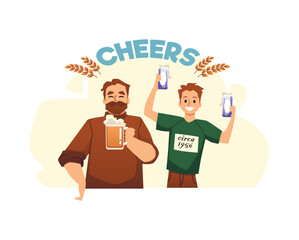 Friends drinking beer for beer festival banners and posters, vector isolated.