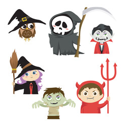 Set of posters in Halloween theme. Hand drawn characters. Collection for print poster or sticker. Vector illustration. 