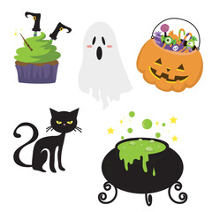 Set of posters in Halloween theme. Hand drawn characters. Collection for print poster or sticker. Vector illustration. 