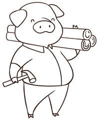 Line art with piglet life in spring watercolor icon