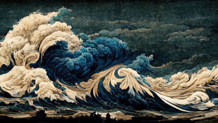 Great wave in ocean water as japanese vintage style illustration - obrazy, fototapety, plakaty