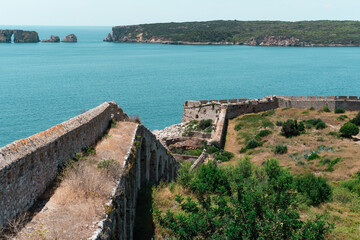 Fototapeta na wymiar amazing seascape view from rocky coast old fortress stone walls