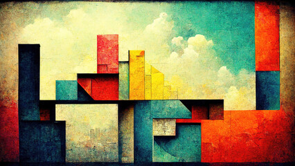 Abstract cubist geometry with sky and clouds as wallpaper