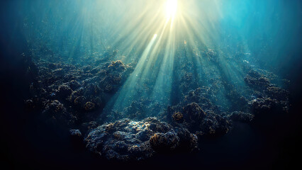 Sun light shining at deep under water abyss in ocean - obrazy, fototapety, plakaty