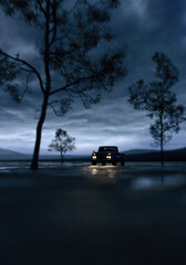 Vintage pickup truck with illuminated headlights in vast landscape with puddles and trees under a dark sky. 3D render. © ysbrandcosijn