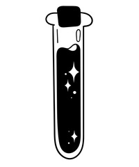 Space potion in a glass tube. Black and white vector clipart.