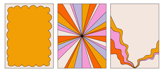 Set of colorful modern posters. Vector backgrounds in retro style. Distorted wavy shapes, background with space for text. Templates in the style of the 70s.Vector illustration for posters, invitations