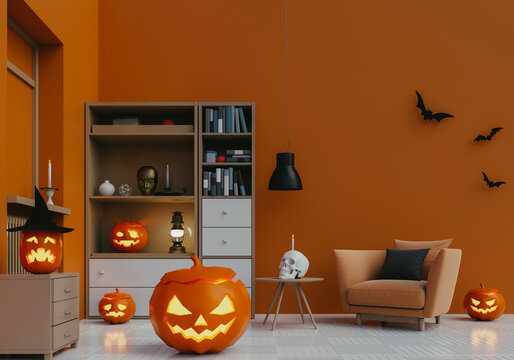 3D render Halloween party in living room with pumpkins, jack-o-lantern