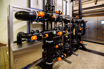 Steel pipeline with valves in the food factory
