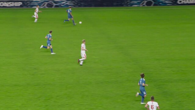 Soccer Football World Championship: Referee Stops Match, Raising Arm, Showing Sign of Indirect Free Kick, Offside, Corner Kick. Live Sport Broadcast Channel Television Playback