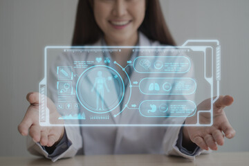 Asian doctor is online visiting with a patient on the internet application and make a note of the symptoms and explain how to treat the initial disease