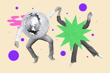 Collage photo of young couple together retro dancers nightclub visual effect headless disco ball tiptoe popular celebrity isolated on beige color background