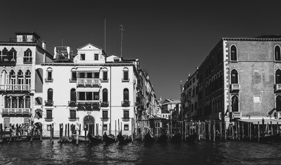 Venice Canal, boats and architecture in Black and White