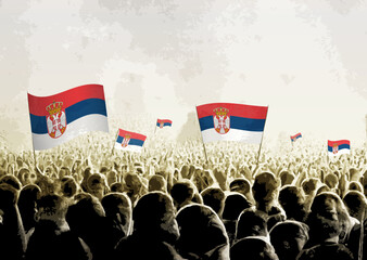 Crowd with the flags of Serbia, people cheering national team of Serbia. Ai generated illustration of crowd.