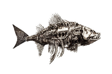 Fantastic fish skeleton. Sea monster. Vector illustration. Pointillism style. Isolated on white background.