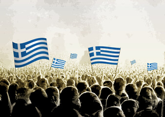 Crowd with the flags of Greece, people cheering national team of Greece. Ai generated illustration of crowd.