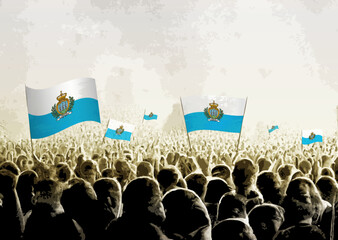 Crowd with the flags of San Marino, people cheering national team of San Marino. Ai generated illustration of crowd.