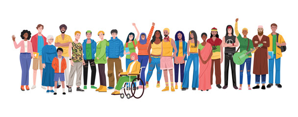 Illustration of group of multiethnic diverse people standing.