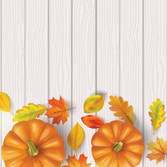 Autumn leaf and pumpkins on wooden background. Vector