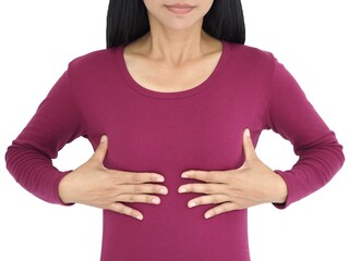 Woman breast cancer self check, healthy lifestyle concept. Closeup photo, blurred.