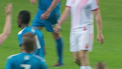 Soccer Football Championship Match: Teams Attacks, Lose Ball to Foul, Referee Whistles Signal For Caution, Gives Yellow Card. Sport Broadcast Channel Television Playback. Tracking Shot