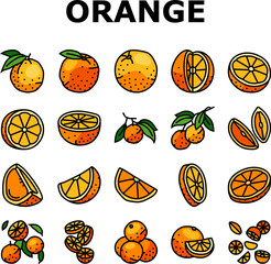 orange citrus fresh slice juice icons set vector. sweet food, leaf juicy, organic half, green, cut vitamin, healthy tropical, ripe orange citrus fresh slice juice color line illustrations