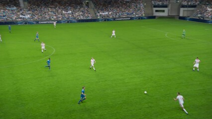 Edited Montage of Soccer Championship Match. Professional Teams Attack, Score Goal, Celebrate Victory. Football Tournament, Cup Broadcast. Sport Channel Network Television Playback, Screen Content